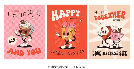 Valentine's Day set of vintage posters. Happy and cheerful retro mascots. Old animation 50s 60s 70s, groovy cartoon characters of coffee sweets and hearts, donut, cupcake, espresso, latte, present