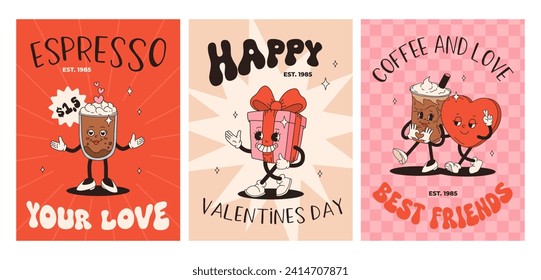 Valentine's Day set of vintage posters. Happy and cheerful retro mascots. Old animation 50s 60s 70s, groovy cartoon characters of coffee sweets and hearts, donut, cupcake, espresso, latte, present