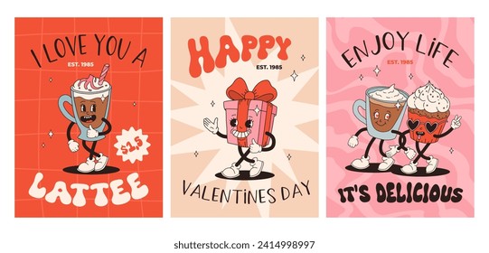 Juego de afiches vintage del Día de San Valentín. Mascotas retro alegres y alegres. Animación antigua de los años 60 y 70, dibujos animados de caricaturas espeluznantes de dulces y corazones de café, donut, cupcake, espresso, latte, presente