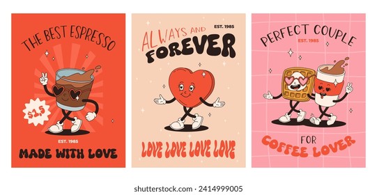 Valentine's Day set of vintage posters. Happy and cheerful retro mascots. Old animation 50s 60s 70s, groovy cartoon characters of coffee sweets and hearts, donut, cupcake, espresso, latte, present