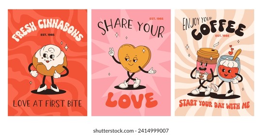 Valentine's Day set of vintage posters. Happy and cheerful retro mascots. Old animation 50s 60s 70s, groovy cartoon characters of coffee sweets and hearts, donut, cupcake, espresso, latte, present