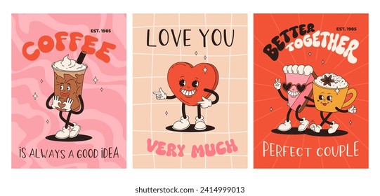 Valentine's Day set of vintage posters. Happy and cheerful retro mascots. Old animation 50s 60s 70s, groovy cartoon characters of coffee sweets and hearts, donut, cupcake, espresso, latte, present