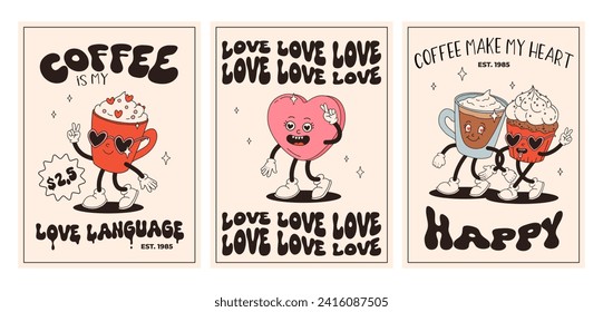 Juego de afiches vintage del Día de San Valentín. Mascotas retro alegres y alegres. Animación antigua de los años 60 y 70, dibujos animados de caricaturas espeluznantes de dulces y corazones de café, donut, cupcake, espresso, latte, presente