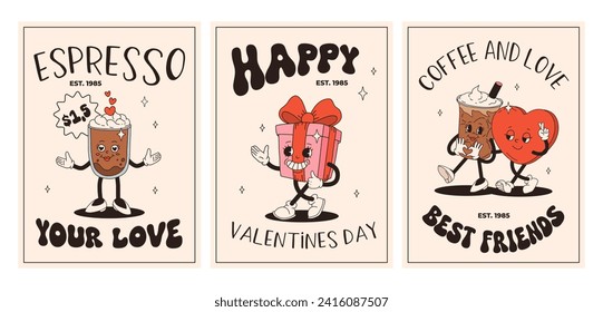 Valentine's Day set of vintage posters. Happy and cheerful retro mascots. Old animation 50s 60s 70s, groovy cartoon characters of coffee sweets and hearts, donut, cupcake, espresso, latte, present
