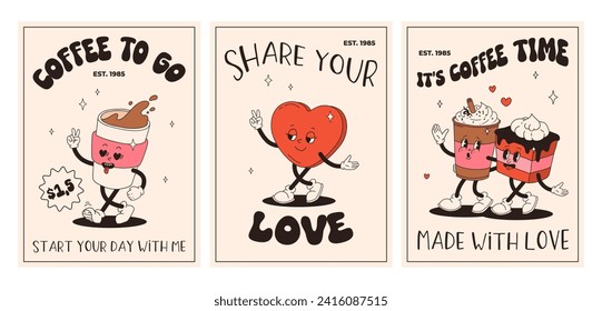 Valentine's Day set of vintage posters. Happy and cheerful retro mascots. Old animation 50s 60s 70s, groovy cartoon characters of coffee sweets and hearts, donut, cupcake, espresso, latte, present