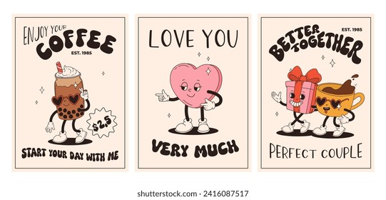 Juego de afiches vintage del Día de San Valentín. Mascotas retro alegres y alegres. Animación antigua de los años 60 y 70, dibujos animados de caricaturas espeluznantes de dulces y corazones de café, donut, cupcake, espresso, latte, presente