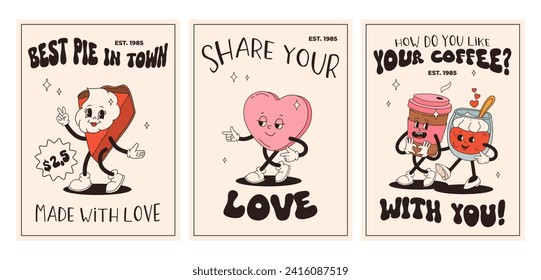 Valentine's Day set of vintage posters. Happy and cheerful retro mascots. Old animation 50s 60s 70s, groovy cartoon characters of coffee sweets and hearts, donut, cupcake, espresso, latte, present