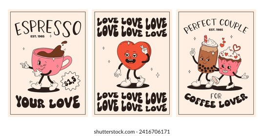 Valentine's Day set of vintage posters. Happy and cheerful retro mascots. Old animation 50s 60s 70s, groovy cartoon characters of coffee sweets and hearts, donut, cupcake, espresso, latte, present