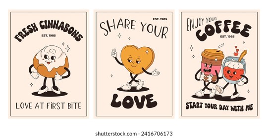 Valentine's Day set of vintage posters. Happy and cheerful retro mascots. Old animation 50s 60s 70s, groovy cartoon characters of coffee sweets and hearts, donut, cupcake, espresso, latte, present