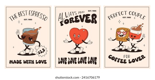 Valentine's Day set of vintage posters. Happy and cheerful retro mascots. Old animation 50s 60s 70s, groovy cartoon characters of coffee sweets and hearts, donut, cupcake, espresso, latte, present