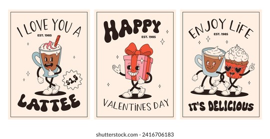 Valentine's Day set of vintage posters. Happy and cheerful retro mascots. Old animation 50s 60s 70s, groovy cartoon characters of coffee sweets and hearts, donut, cupcake, espresso, latte, present