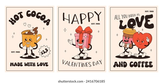 Valentine's Day set of vintage posters. Happy and cheerful retro mascots. Old animation 50s 60s 70s, groovy cartoon characters of coffee sweets and hearts, donut, cupcake, espresso, latte, present