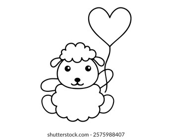 Valentines Day Sheep Holding Balloon Line Art