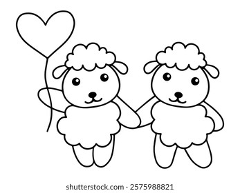 Valentines Day Sheep Holding Balloon Line Art