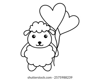 Valentines Day Sheep Holding Balloons Outline