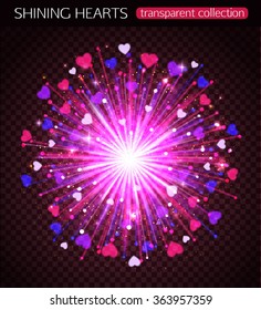 Valentines Day shining fireworks with colorful hearts. Vector illustration.