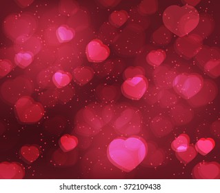 Valentines Day shiny background with red hearts. Vector design for your greeting card.