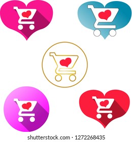 Valentine's day shopping carts web icons round and heart shaped with a red heart in the cart