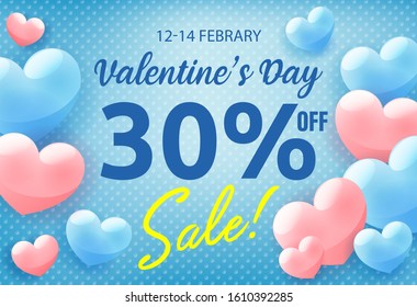 Valentines day shopping sale invitation poster, advertising banner with pink hearts on blue background, vector illustration