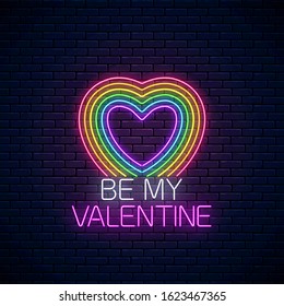 Valentines day sign with lgbt colors heart shape in neon style. Vector illustration of valentine day greeting card in neon style. Be my valentine text with rainbow heart as pride symbol.