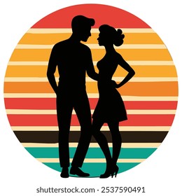 Valentine's Day silhouette of a Forehead Touch couple in a romantic on retro striped vintage background vector art illustration