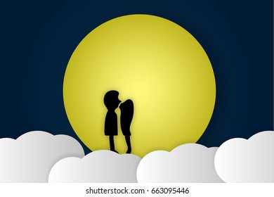 Valentine's day silhouette paper art concept mini couple kissing in front of the moon and copy space for text on blue background vector illustration