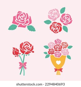 Valentines day silhouette of rose element set. Romantic silhouette of rose and bouquet isolated on light pink background