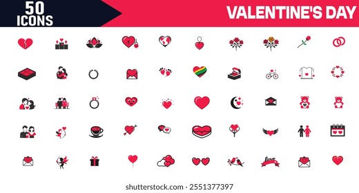 Conjunto de Vector de silueta de día de San Valentín, esquema de trazo editable Feliz día de San Valentín 3D Diseño de corazones rojos, ilustración de tarjeta de celebración, Arte vectorial