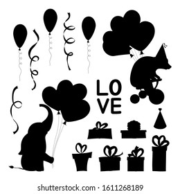 Valentine's Day silhouettes of holiday objects. Cartoon style. Vector illustration
