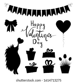 Valentine's Day silhouettes of holiday objects. Cartoon style. Vector illustration