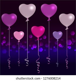 Valentines Day silver, pink and purple balloons on dark purple and deep blue background, cute romantic backdrop for web and print vector illustration.  Greeting card template, wedding invitation