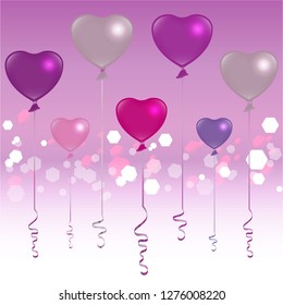 Valentines Day silver, pink and purple balloons on light pink background, cute romantic backdrop for web and print vector illustration.  Greeting card template, wedding invitation