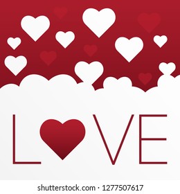 Valentine's Day Simple background design with lots of flying hearts and "love" word. vector illustration.