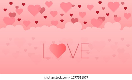 Valentine's Day Simple background design with lots of flying hearts and "love" word. vector illustration.