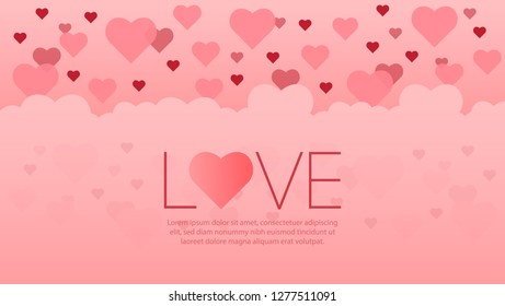 Valentine's Day Simple background design with lots of flying hearts and "love" word. vector illustration.