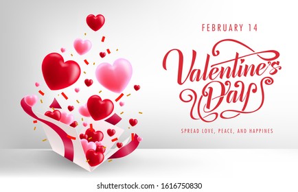 Valentine's Day Simple Banner Background Greeting Card Lovely Design with Floating 3D Hearts and Confetti from Gift Box. Vector Illustration