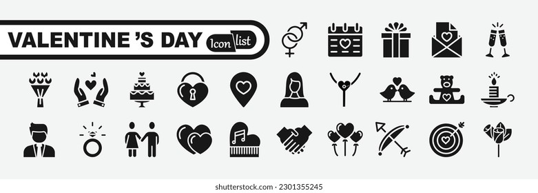 Valentines Day simple black icons vector set.
