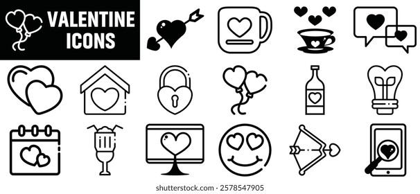 Valentines Day simple black line icons vector set. Valentine icon set. Happy valentine day related icon in white background.