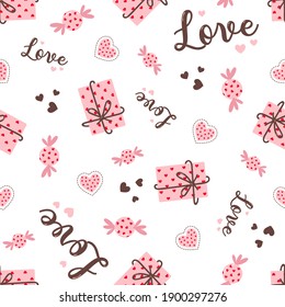 Valentine's day simple pattern pink love words gifts. Vector illustration. Isolate on white background. For wrapping paper, covers, scrapbooking, background, congratulations, invitations, diary