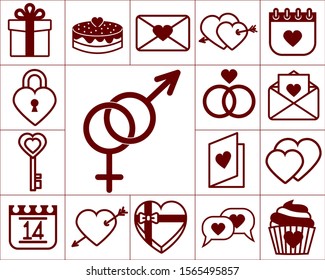 Valentine's day simple vector icon set. Design Elements. Hearts, relationship, gift, heart arrow, love note, male female sign, lock, key, cake, rings, calendar