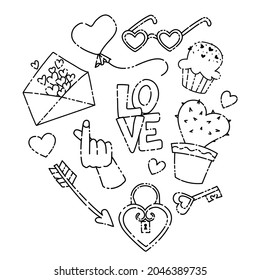 Valentine's day simple vector icon set. Love and happiness. Vector doodle in black outline for designing baby clothes, kid print, posters, coloring page
