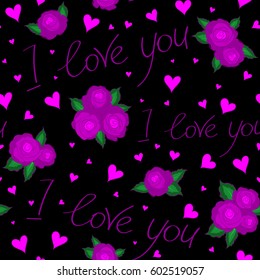 Valentines day sketch. Hand-drawn doodle seamless pattern with hearts, love letter and text in magenta and purple colors on a black background.