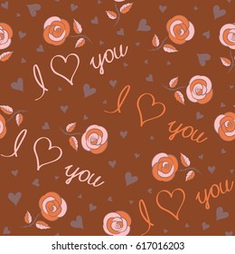 Valentines day sketch. Hand-drawn doodle seamless pattern with hearts, rose flower, and text on a brown background.