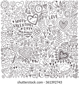 Valentine's day sketch pattern. Romantic vector elements. Illustration with hearts and flowers.