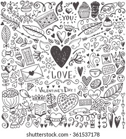 Valentine's day sketch pattern. Romantic vector elements. Illustration with hearts and flowers.