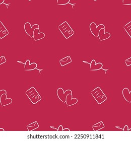 Valentine's day sketch, seamless pattern, vector. Viva Magenta color background. Heart, letter, envelope, heart with arrow in white sketch style.