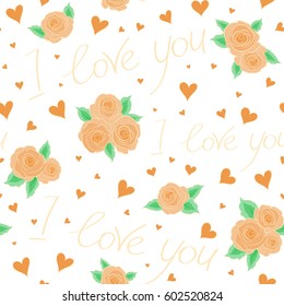Valentines day sketch. Stylized doodle hearts and love letter seamless pattern in beige and orange colors. Vector ornament over a white background.