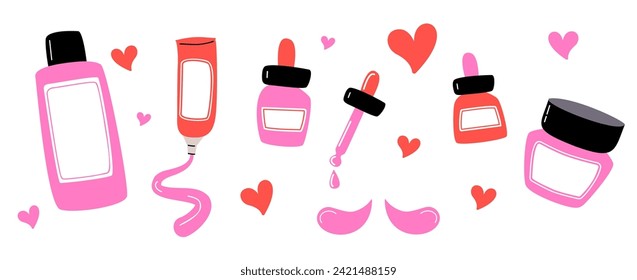 Valentine's day day skin care illustration. Set of pink cosmetic with hearts. Bundle of pink cosmetics and makeup items in bottles, tubes and jars. Beauty routine.