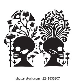 Valentines day skull couple tattoo graphic. Vector skeleton romance. 