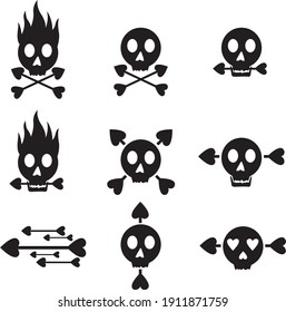 Valentines day skull icons. Dark valentines day vector illustration theme. Valentines concept.